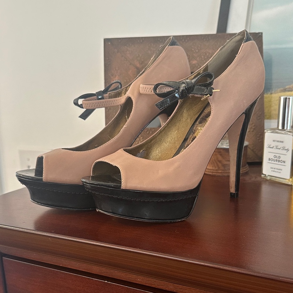 Sam Edelman Peep-Toe Platform Heels in Tan and Black